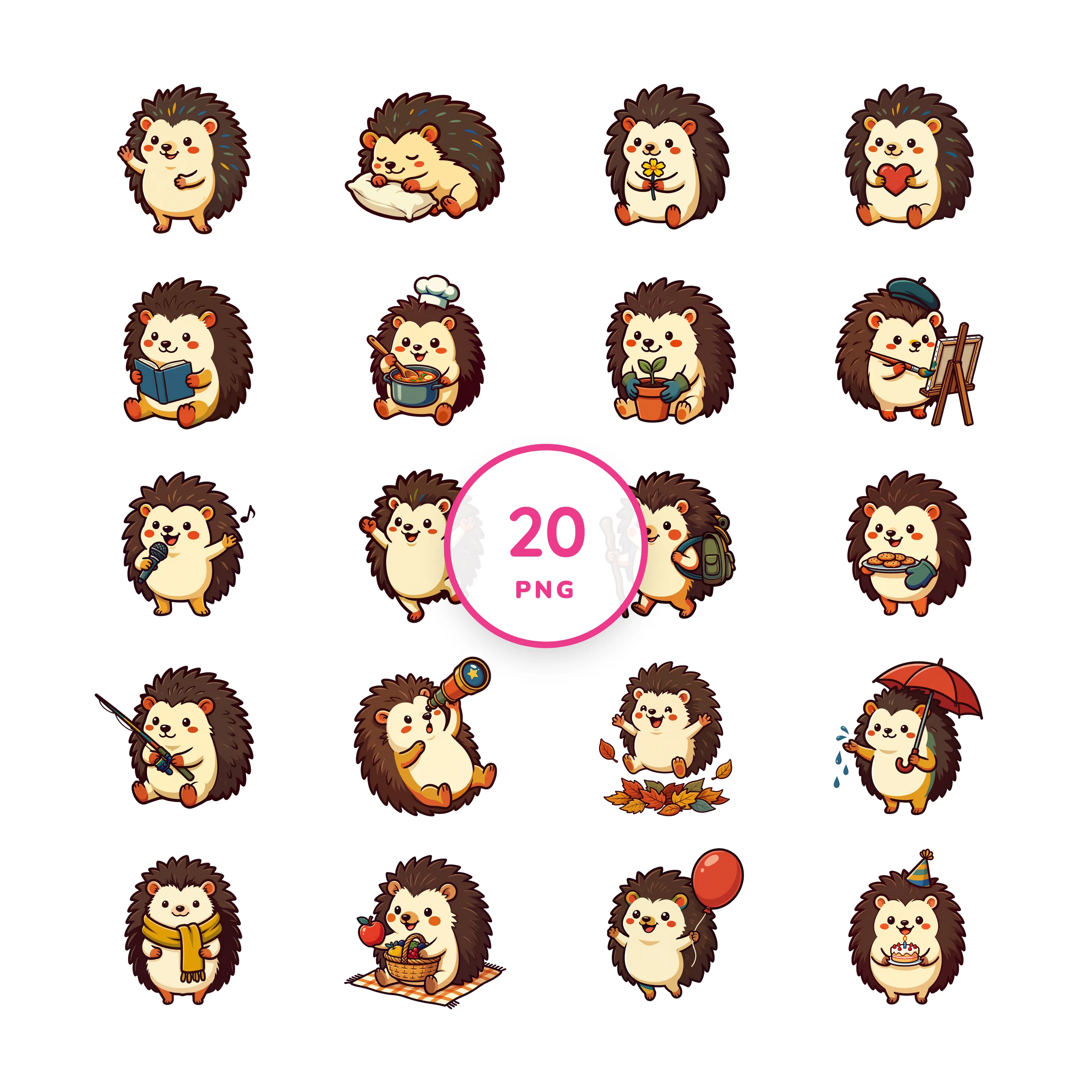 Retro Kawaii Hedgehogs PNG clip art collection